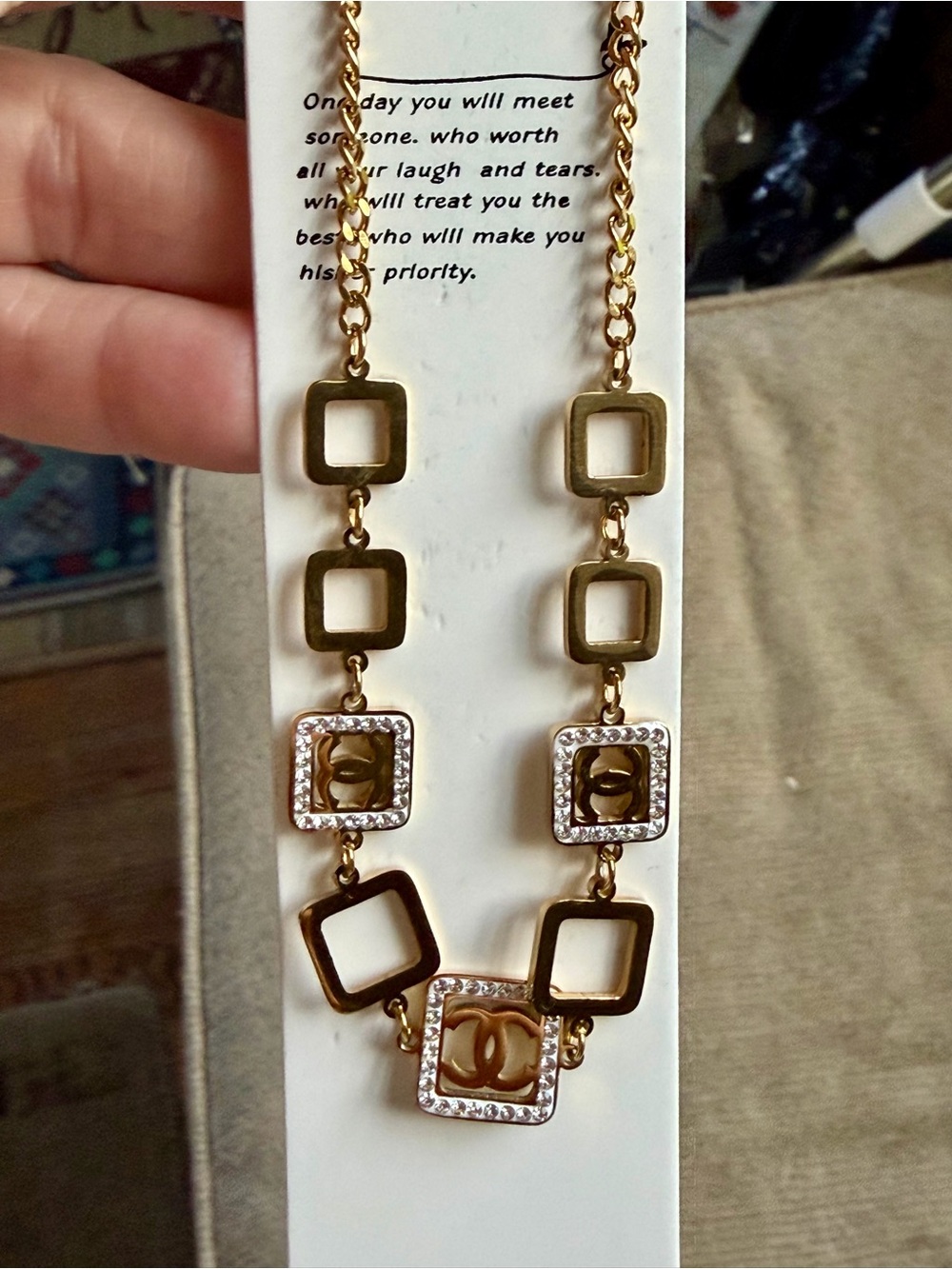 Gold Tone Square-Link Necklace w Crystal Accents, Stainless, fashion jewelry